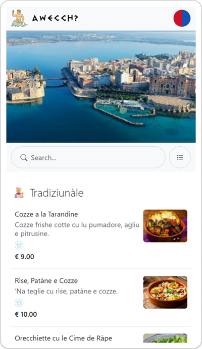 Menu Digitale Online Online con Codice QR di un Ristorante tipico o Trattoria a Taranto Italia - In Dialetto Tarantino Shoptomatic