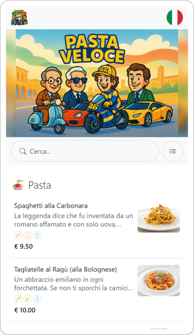 Menu Digitale Online con Codice QR di un Ristorante Italiano con Traduzione Automatica in Altre Lingue - 0 In Italiano Shoptomatic