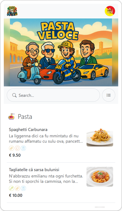 Menu Digitale Online con Codice QR di un Ristorante Italiano con Traduzione Automatica in Altre Lingue - 1 In Siciliano Shoptomatic