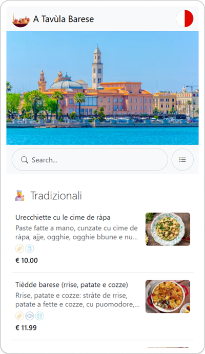 Menu Digitale con Codice QR di un Ristorante tipico o Trattoria a Bari Italia - In Dialetto Barese