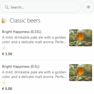 Product Variants example in the Online Digital Menu with QR Code with an example of the same beer served in different quantities or proportions