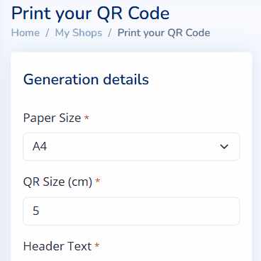 Online Digital Menu with QR Code that allows to generate and design a print-ready PDF with the QR Code and logo in the center