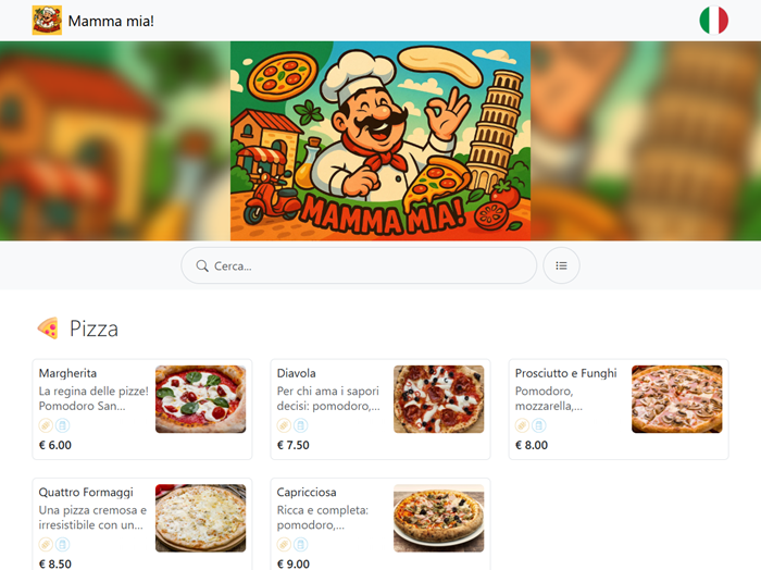 Example of an Online Digital Menu with QR Code for a Pizzeria in Italy Italian language, with one Category for Pizza with a Margherita and a Diavola on it