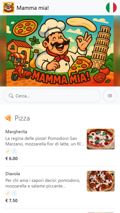 Example of an Online Digital Menu with QR Code for a Pizzeria in Italy Italian language, with one Category for Pizza with a Margherita and a Diavola on it