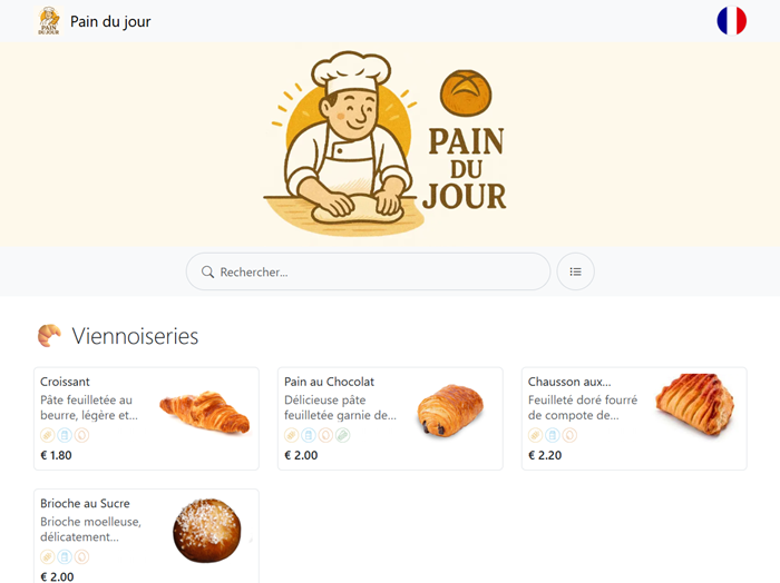 Example of an Online Digital Menu with QR Code for a Bakery in France French language, with one Category for Pastries with Croissant on it