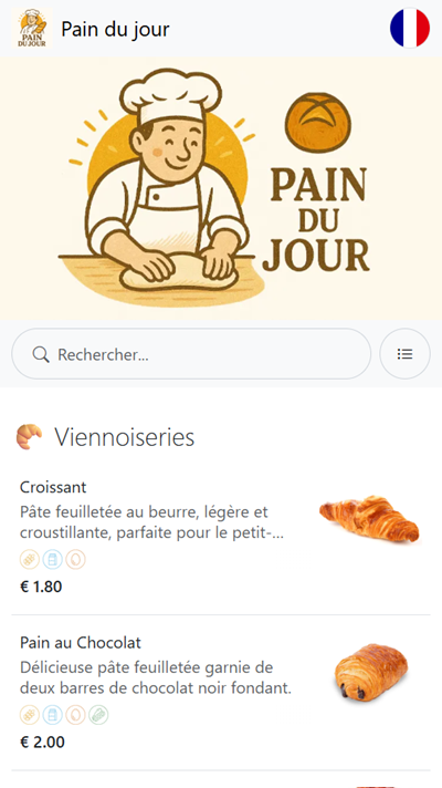 Example of an Online Digital Menu with QR Code for a Bakery in France French language, with one Category for Pastries with Croissant on it
